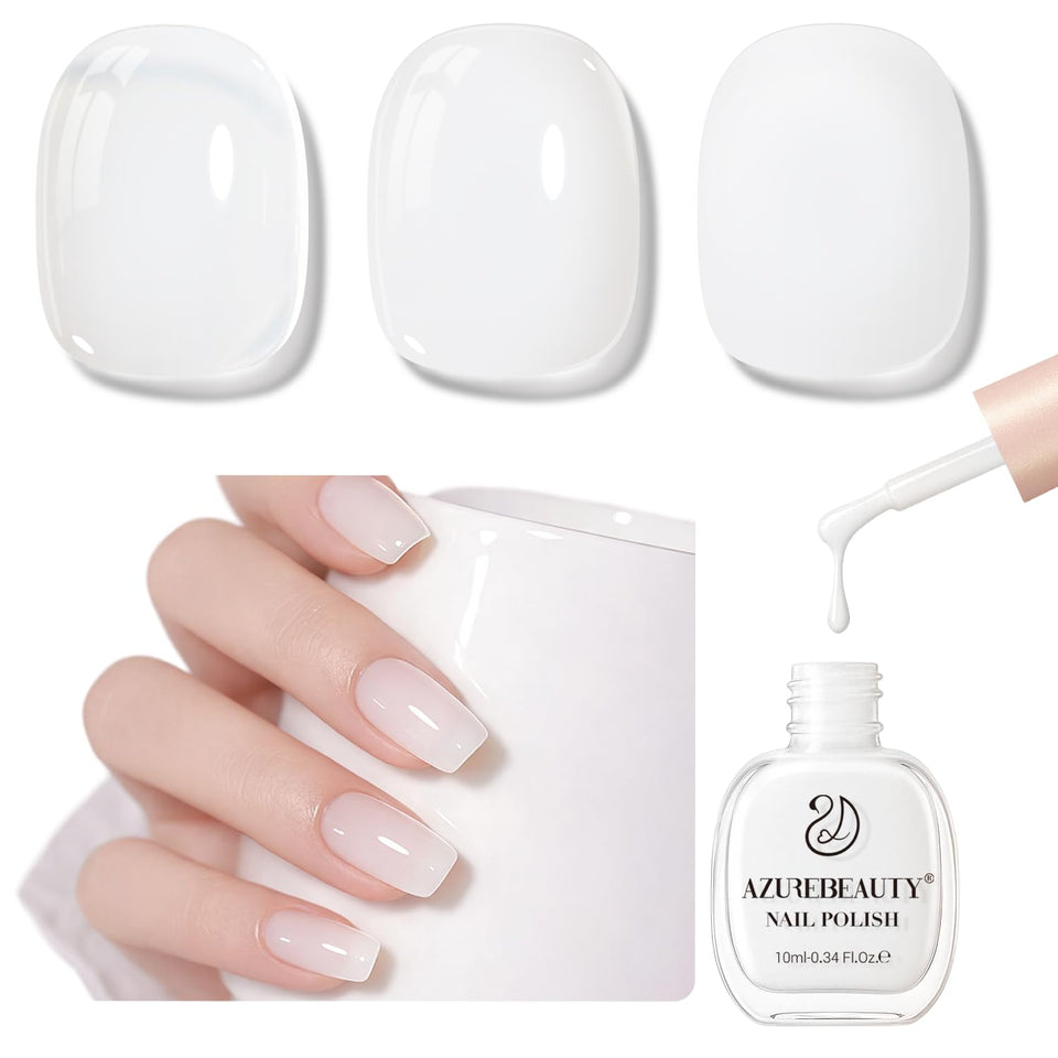 AZUREBEAUTY front bottle showing milky white translucent polish and travel size benefit
