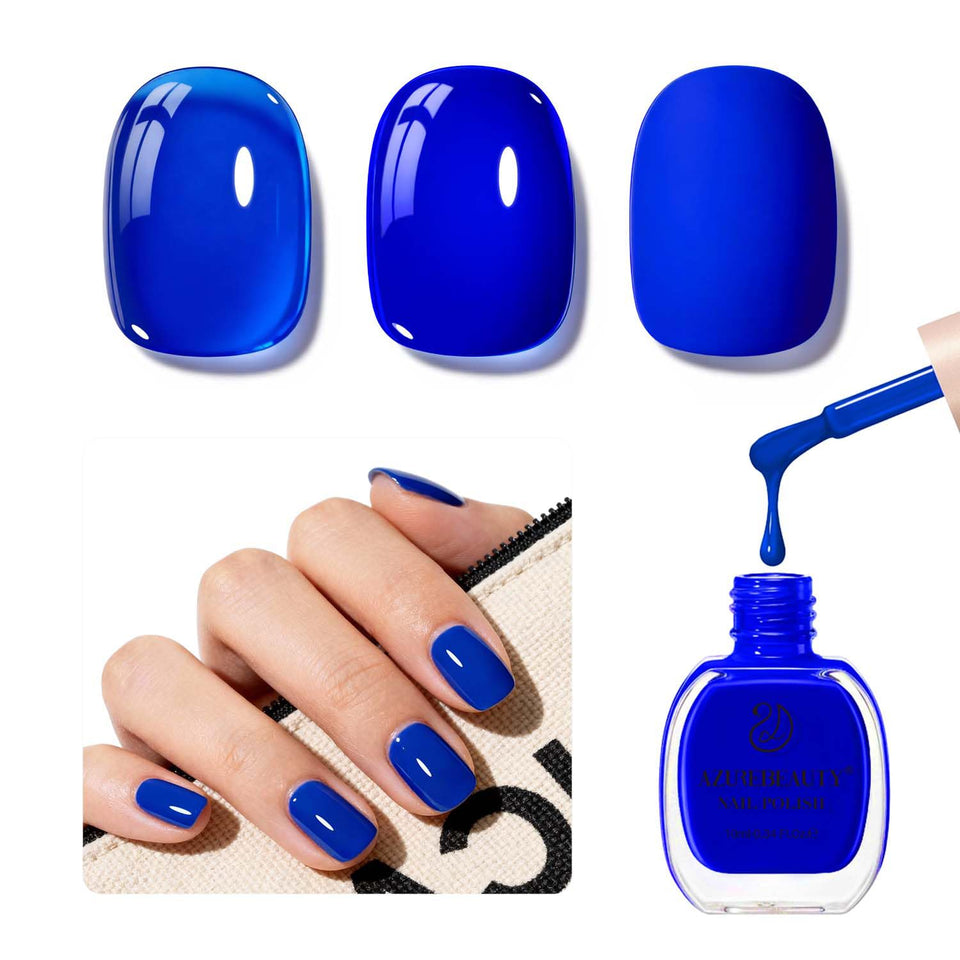 AZUREBEAUTY front bottle showing navy blue glossy polish and compact size