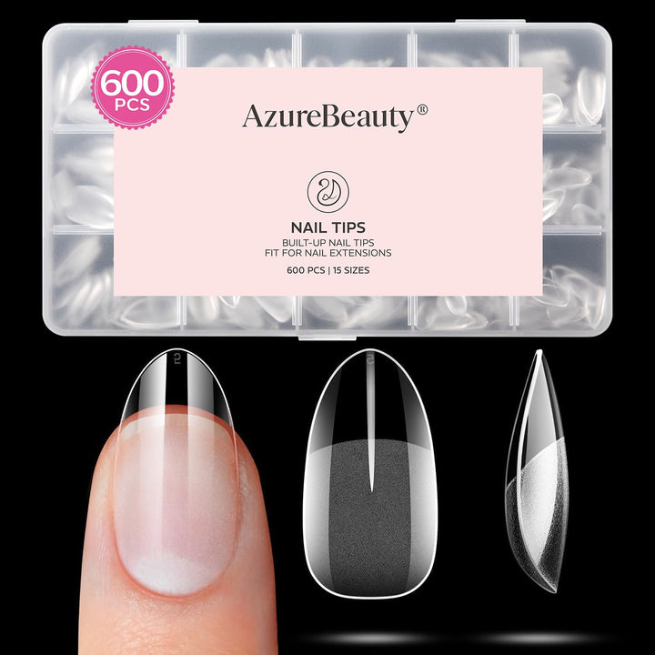 AZUREBEAUTY front packaging showing 600 short almond tips and benefits