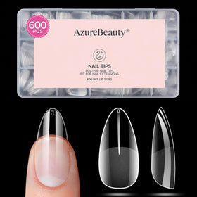 AZUREBEAUTY front packaging showing 600pcs clear almond tips, convenient bulk supply
