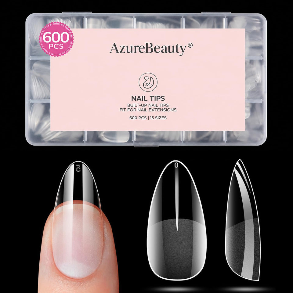 AZUREBEAUTY front packaging showing 600pcs clear almond tips, convenient bulk supply