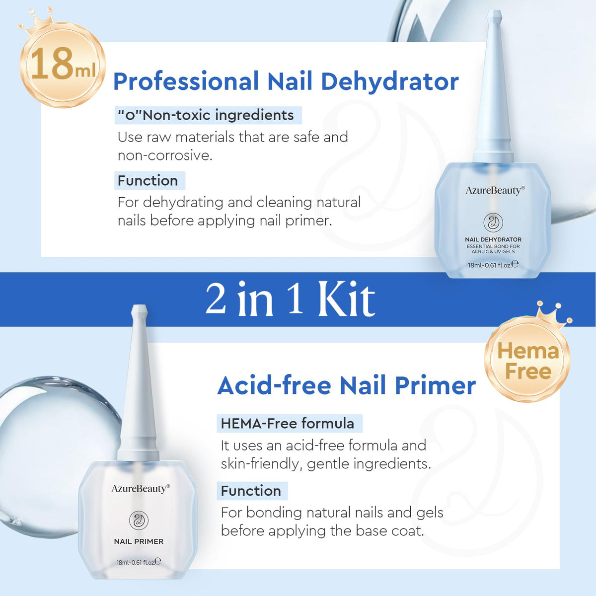 AZUREBEAUTY acid-free primer bottle open, quick-dry adhesion boost