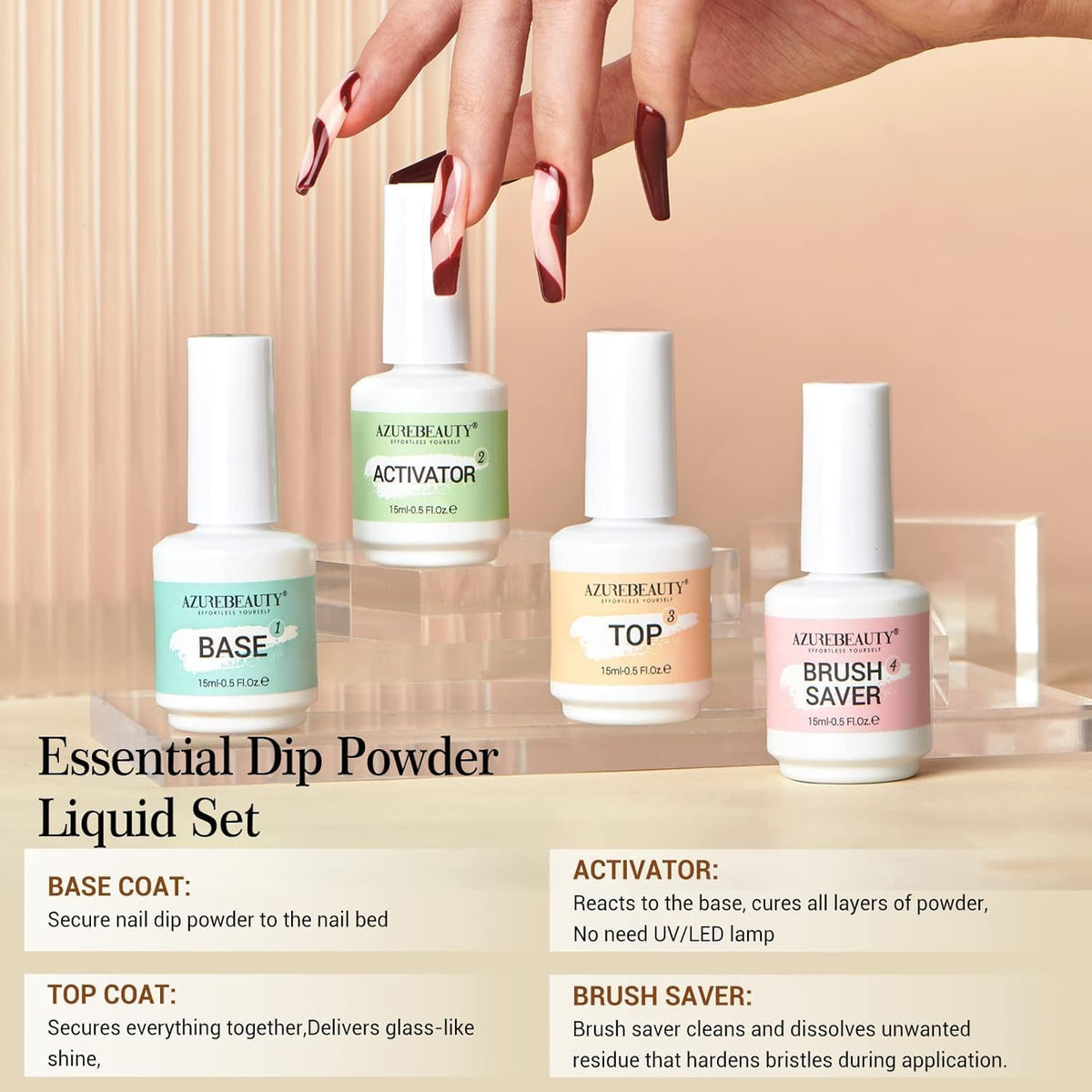 AzureBeauty kit tools laid out including file, stick and bottles, organized for faster DIY nails