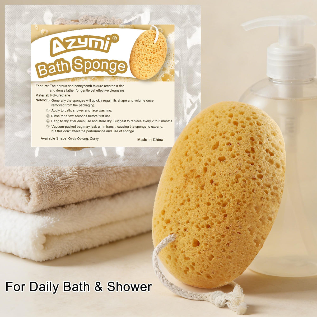 Azymi sponge in bathroom lifestyle setting suggesting soothing shower experience