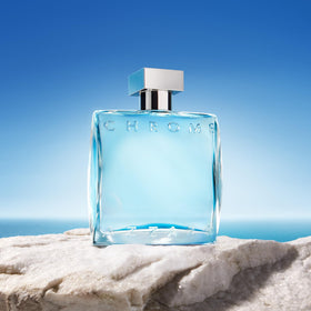 Azzaro Chrome azure liquid close-up revealing color and clarity benefit: Mediterranean freshness