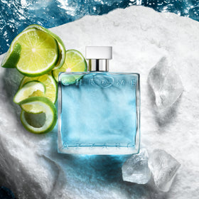 Azzaro Chrome angled bottle reflecting blue-silver tones and visual freshness