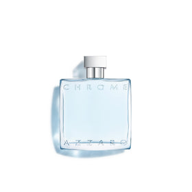 Azzaro Chrome front bottle showing sleek blue glass and elegant design benefit: instant shelf appeal