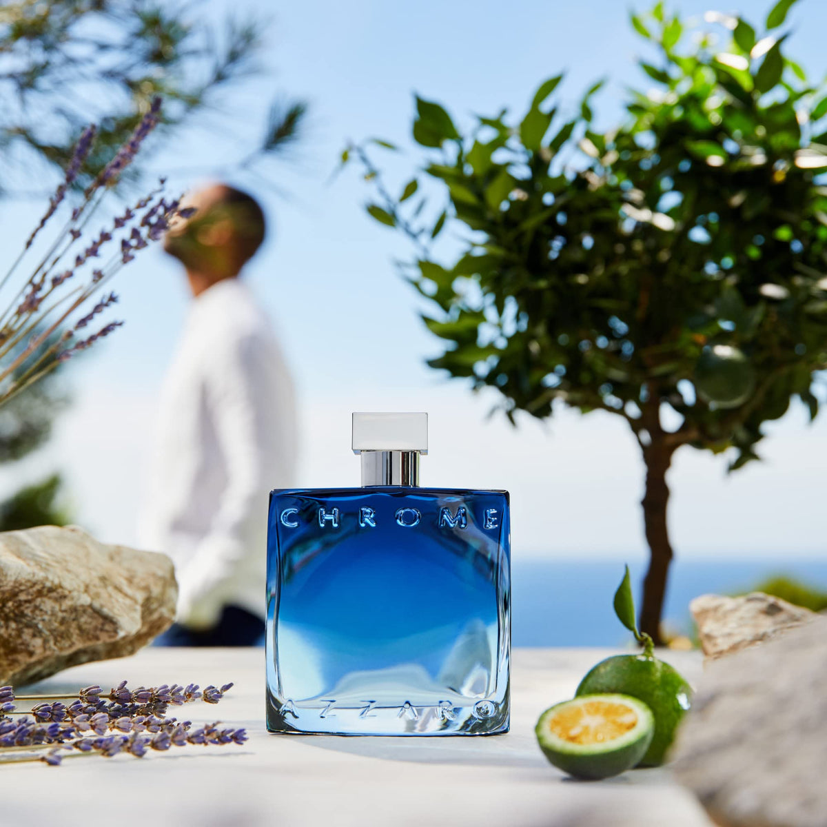 Azzaro Chrome lifestyle scene in Mediterranean setting for fresh vibe