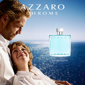 Azzaro Chrome bottle next to a toiletry bag demonstrating travel convenience