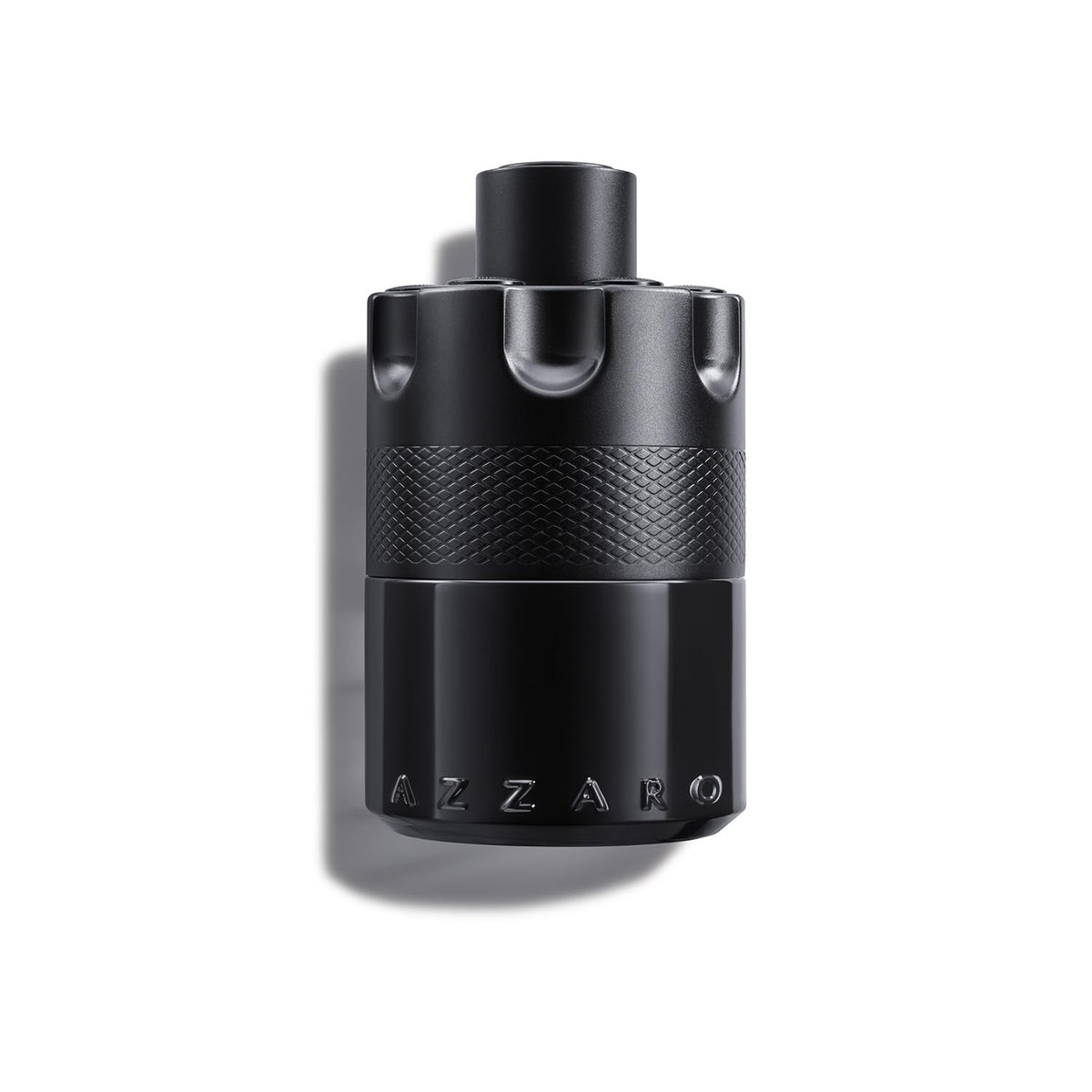 Azzaro bottle front view showcasing bold matte black design and allure
