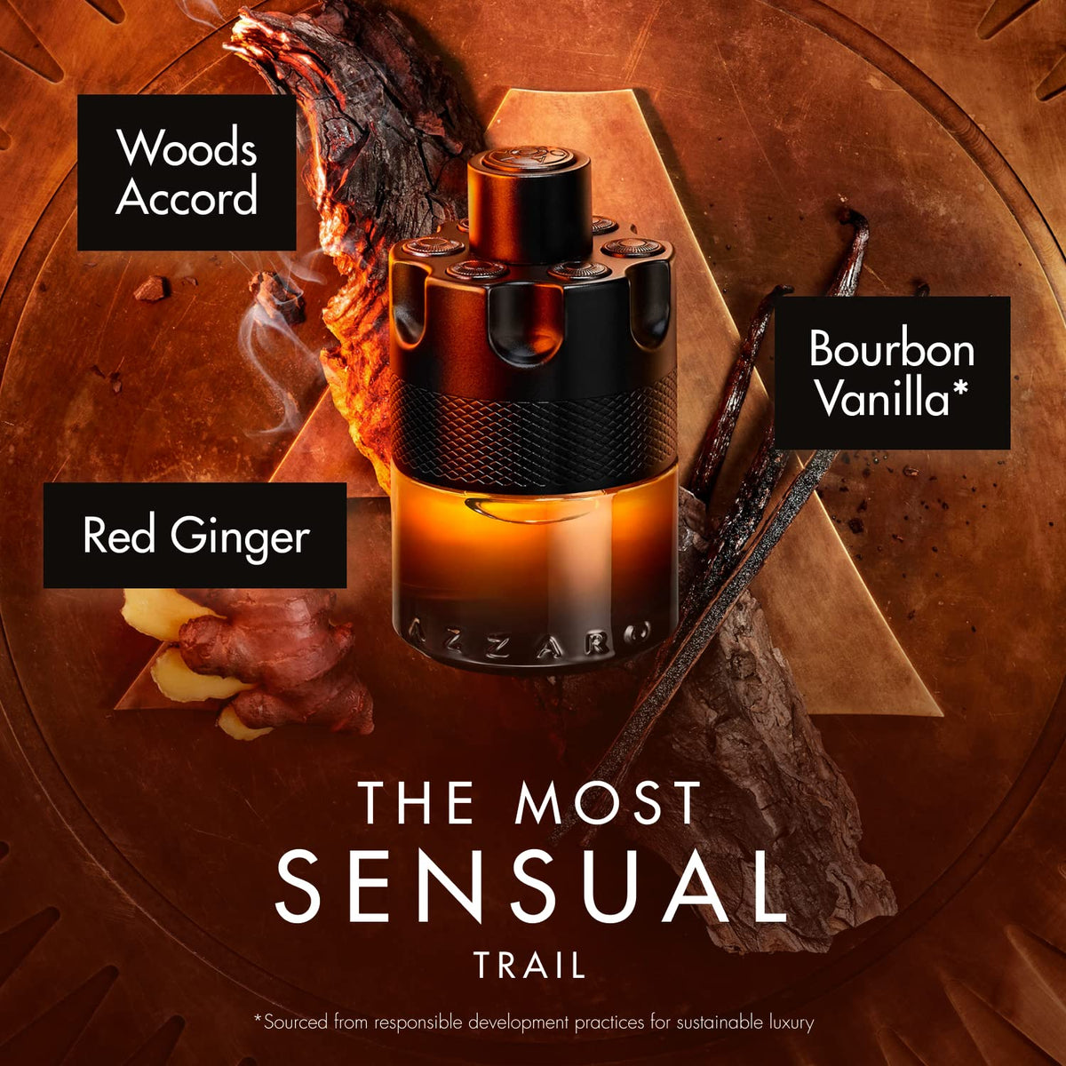 Close-up of amber juice in Azzaro bottle conveying warm gourmand character