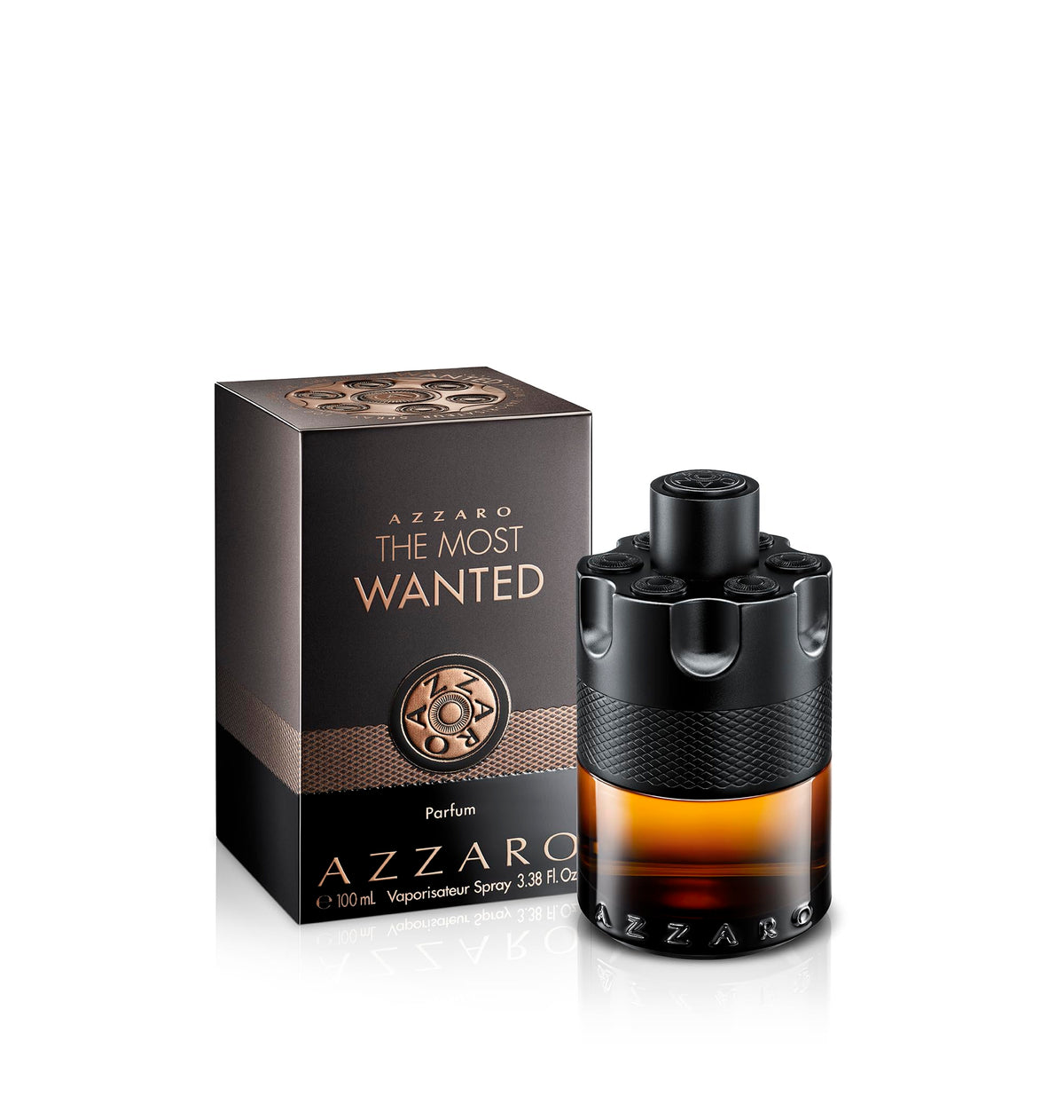 Azzaro front bottle showing matte black barrel and amber juice, exuding luxury