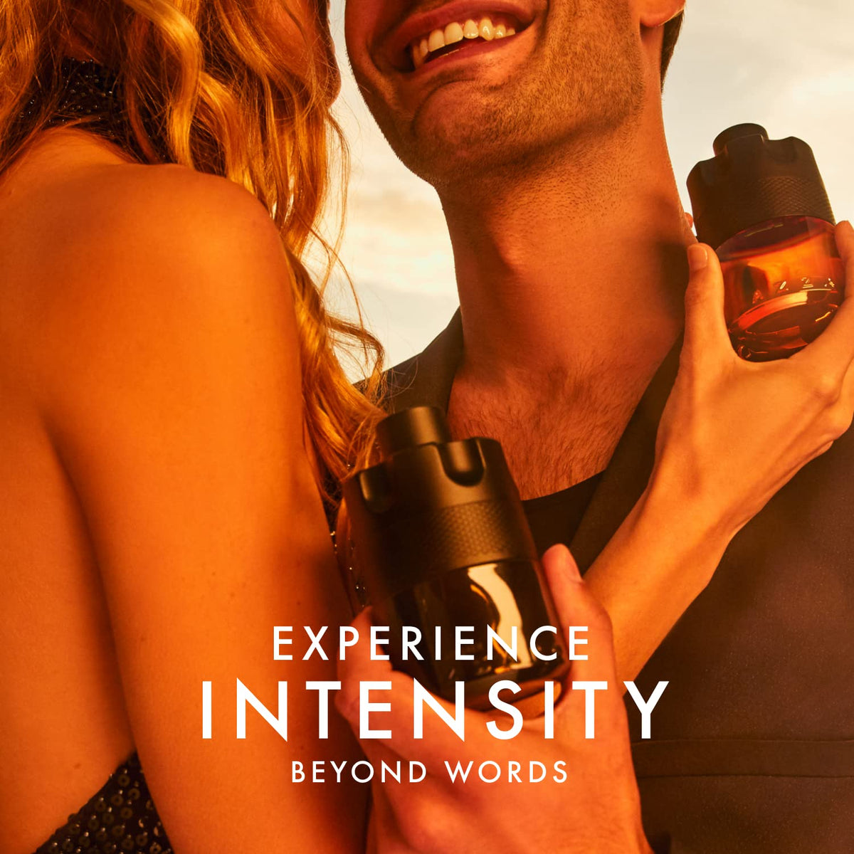 Label detail on Azzaro bottle showing brand and luxury packaging advantage