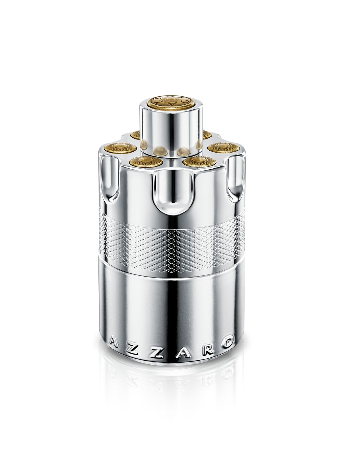 Azzaro angled bottle close-up highlighting metallic detailing and texture