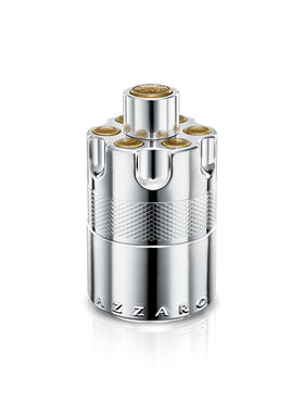 Azzaro angled bottle close-up highlighting metallic detailing and texture
