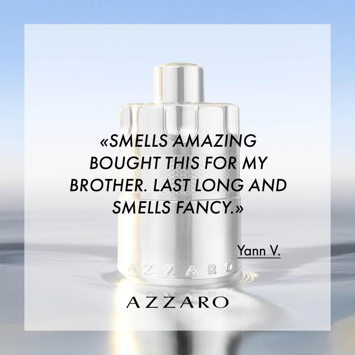 Azzaro bottle in evening lifestyle setting conveying confident, social appeal