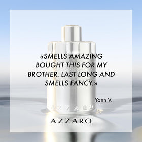 Azzaro bottle in evening lifestyle setting conveying confident, social appeal