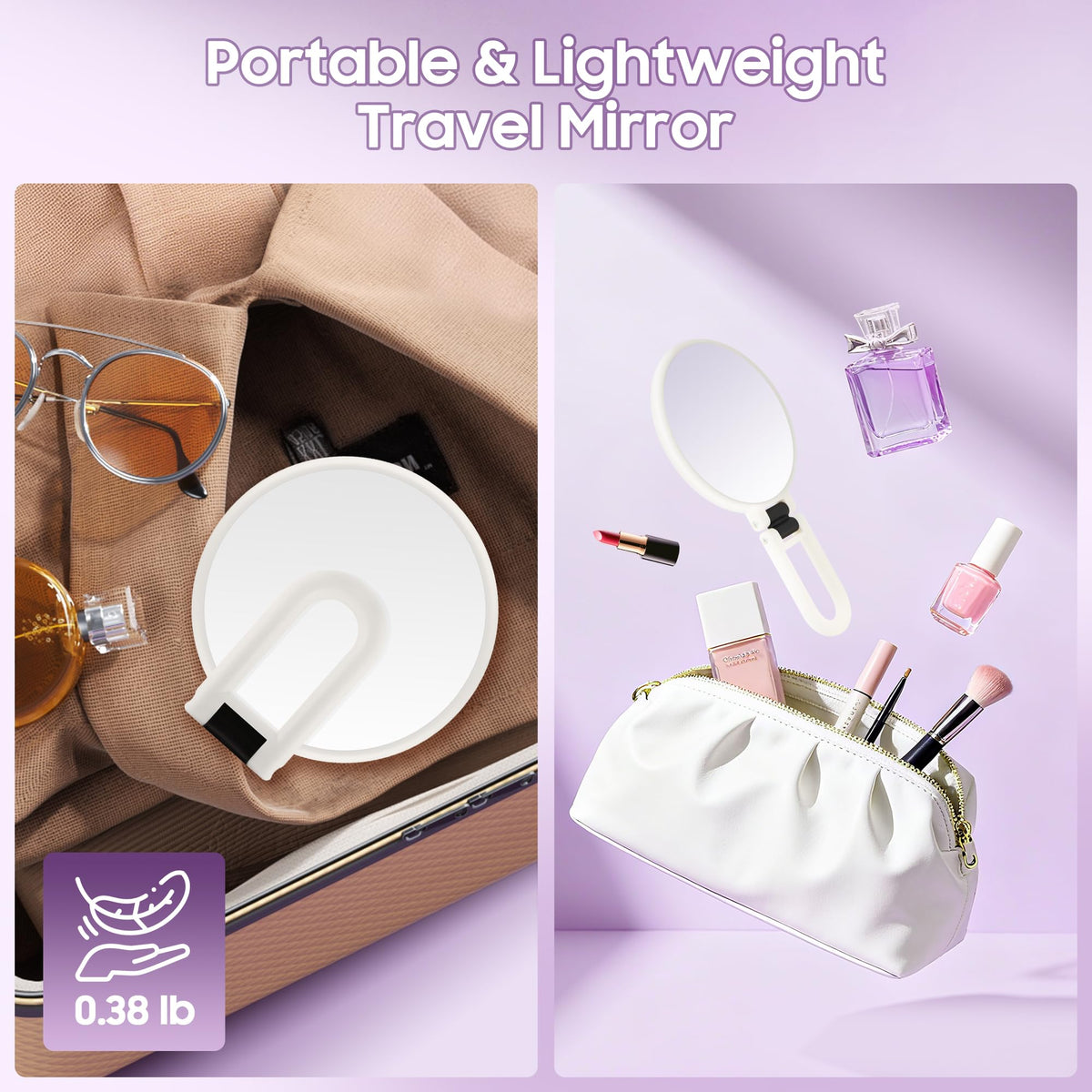 B Beauty Planet folded mirror in hand demonstrating travel-friendly compact size and weight