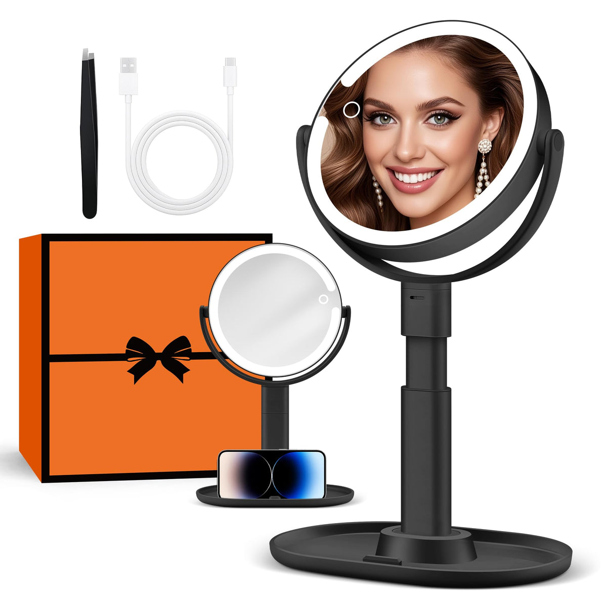 B Beauty Planet front view showing sleek black design and stable base for tidy storage