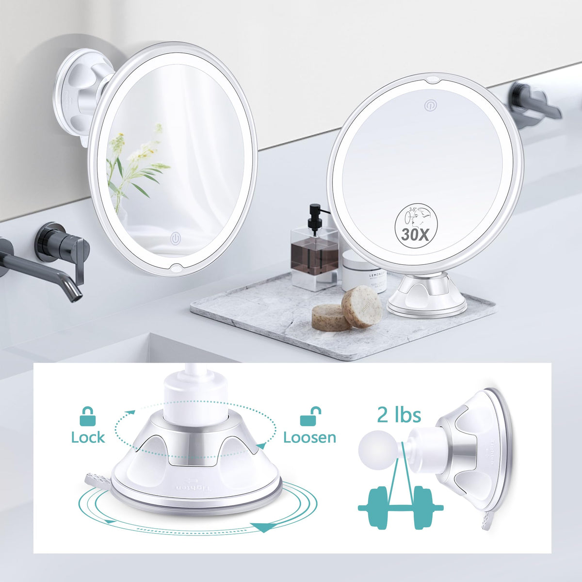B Beauty Planet rotating mirror angled to illustrate 360-degree swivel benefit