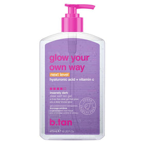 b.tan clear gel front packaging showing product and label, promotes clean dark tan