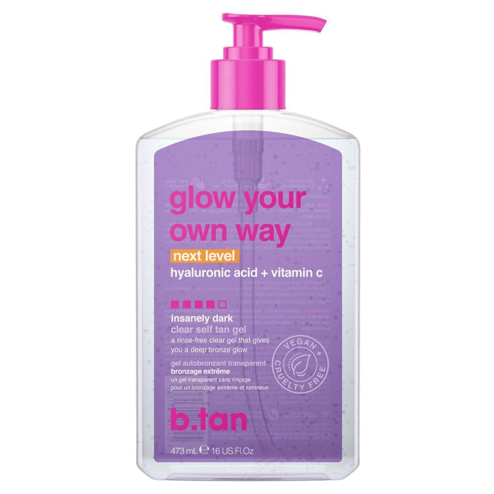 b.tan clear gel front packaging showing product and label, promotes clean dark tan
