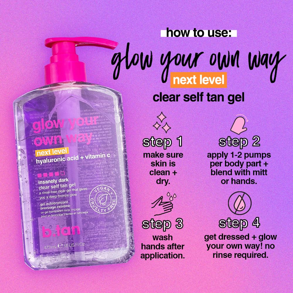 b.tan face application small amount illustrates safe facial use and subtle glow