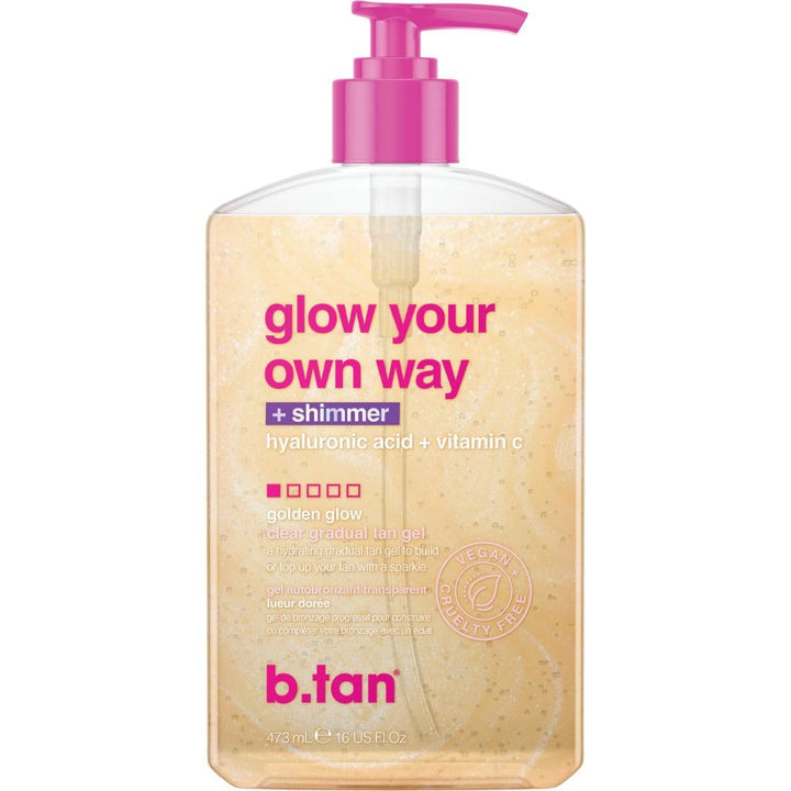 b.tan front packaging showing clear gradual self tan gel and benefits