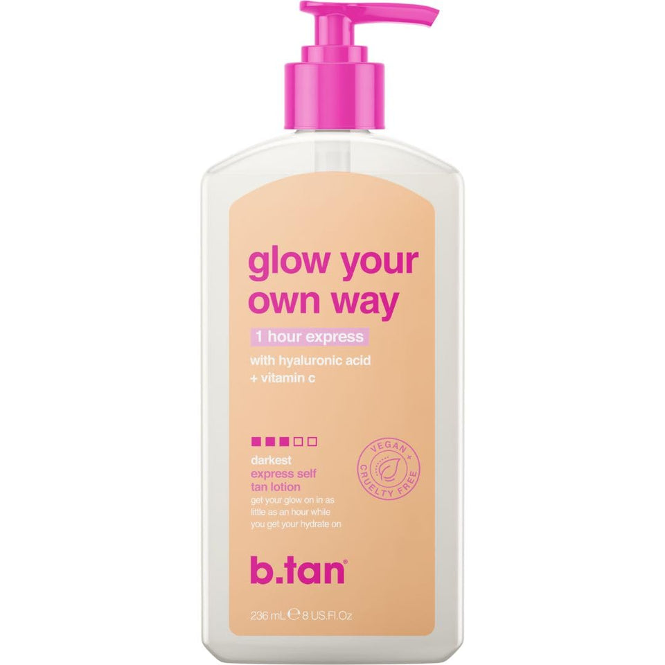 b.tan front packaging showing bottle and branding, conveys quick express tan