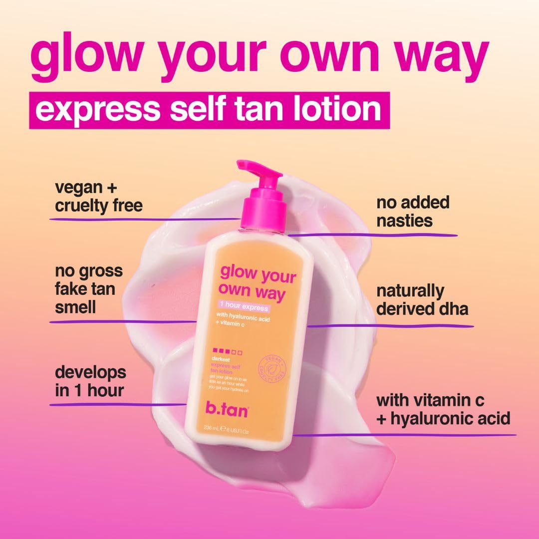 b.tan lotion texture close-up showing creamy formula and hydration benefits