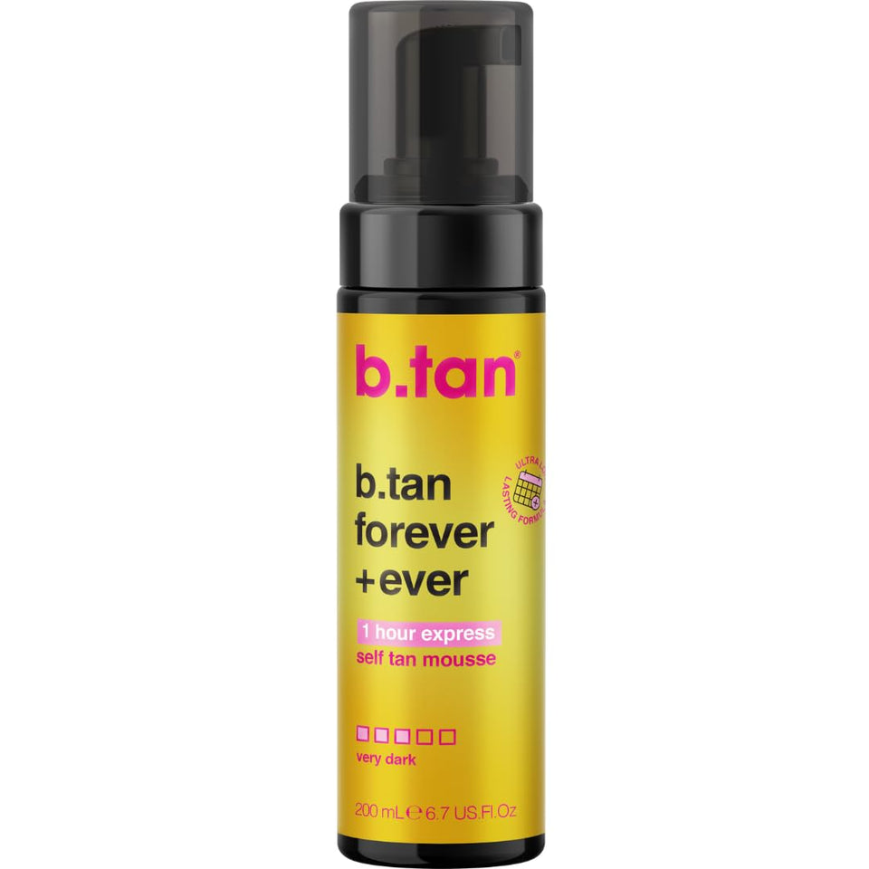 b.tan front packaging showing 6.7 fl oz bottle and dark bronze benefit