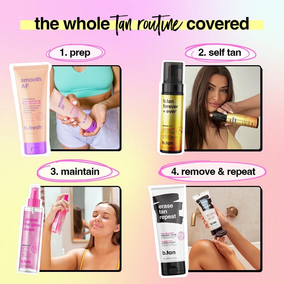 b.tan bottle next to hand showing scale and travel-friendly benefit