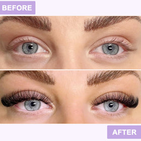 B&Qaugen before and after cat-eye styling highlighting lift and volume benefit