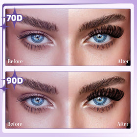 B&Qaugen scale comparison next to natural lashes showing dramatic fullness