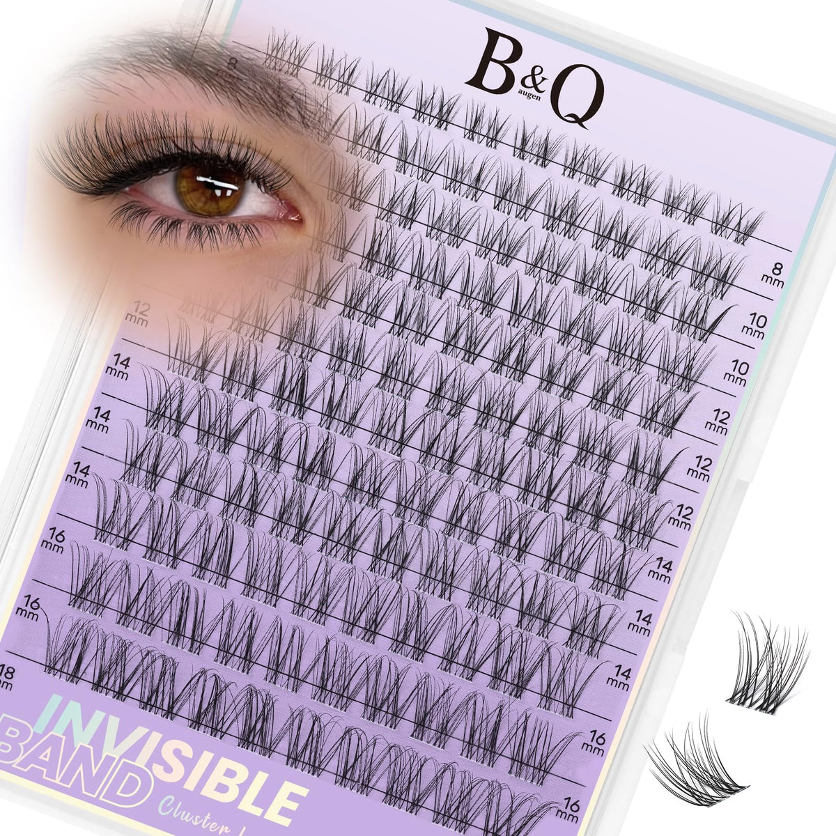 B&Qaugen front tray of 120 Flora lash clusters showing variety and easy selection