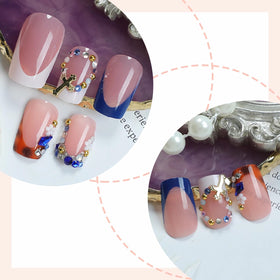 BABALAL top-down layout of all nails displaying cheetah print and blue-white French tips for styling ideas