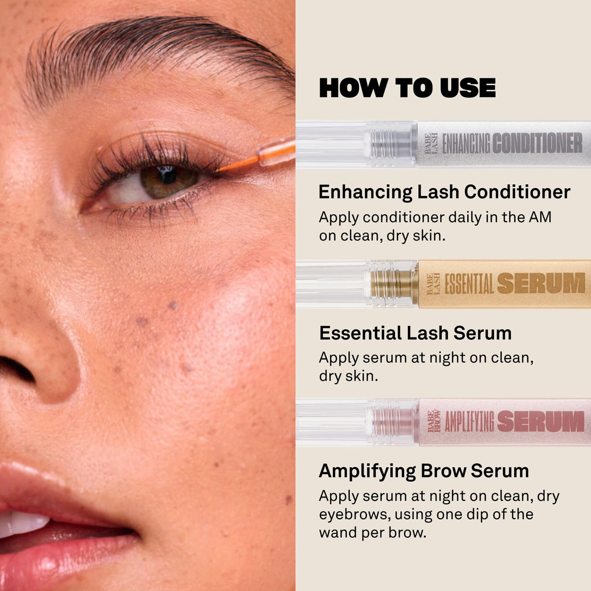 BABE ORIGINAL brow wand stroke on skin showing targeted brow filling