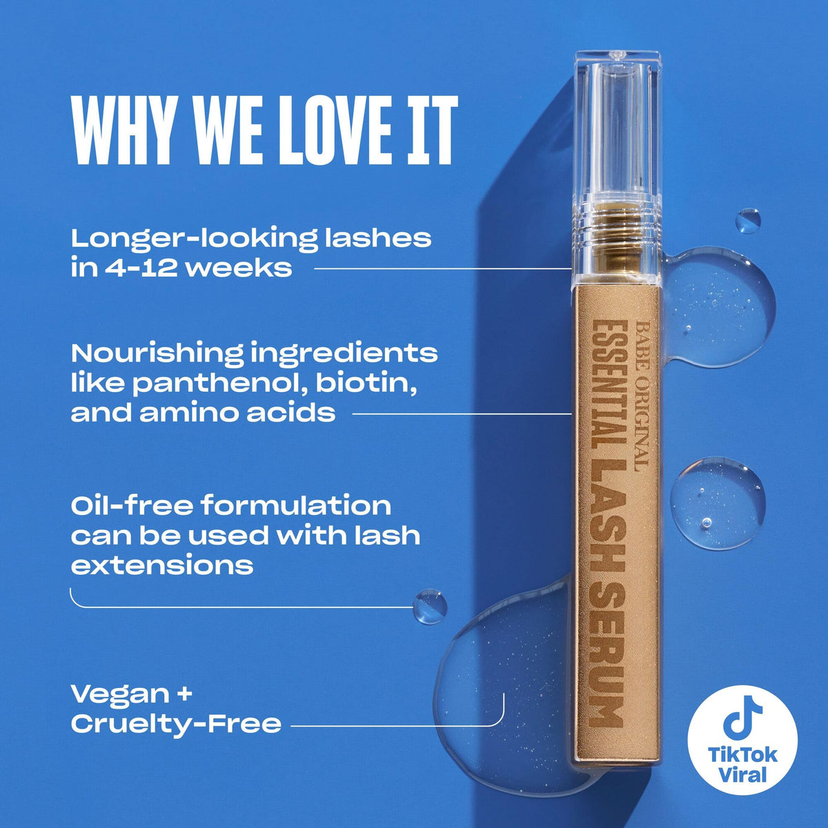 BABE ORIGINAL clear serum droplet on tip showing lightweight texture and quick drying