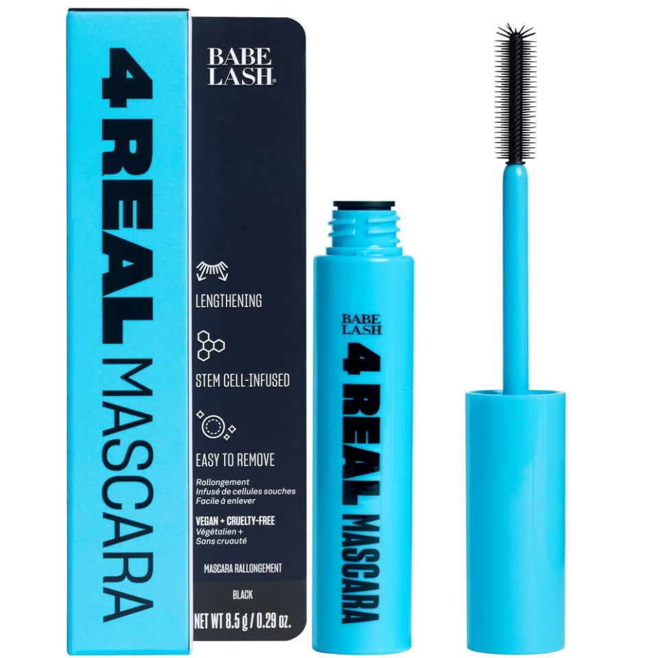 BABE ORIGINAL mascara front packaging showing sleek black tube and branding, highlights convenience
