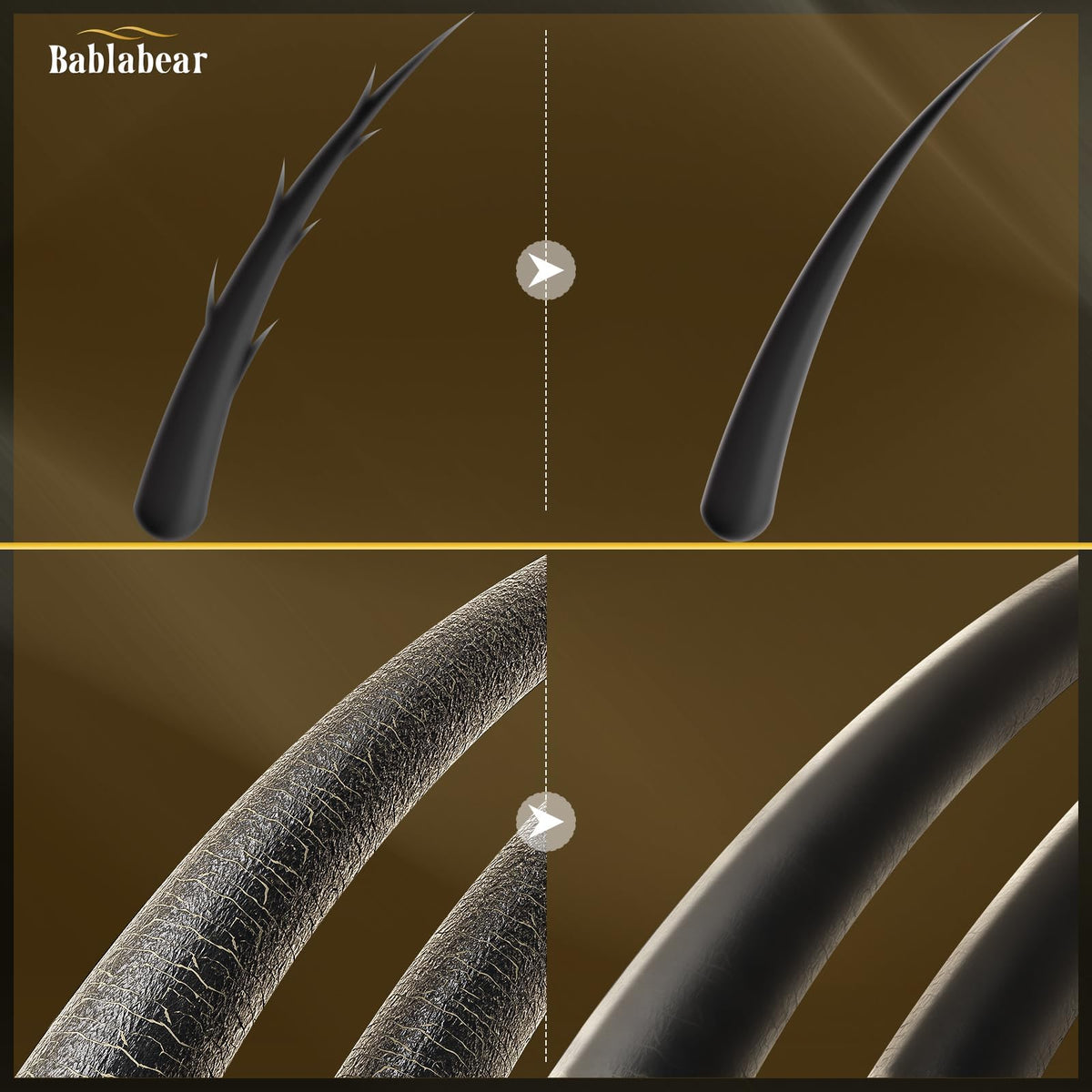 Bablabear before and after split image showing reduced frizz and improved shine from use