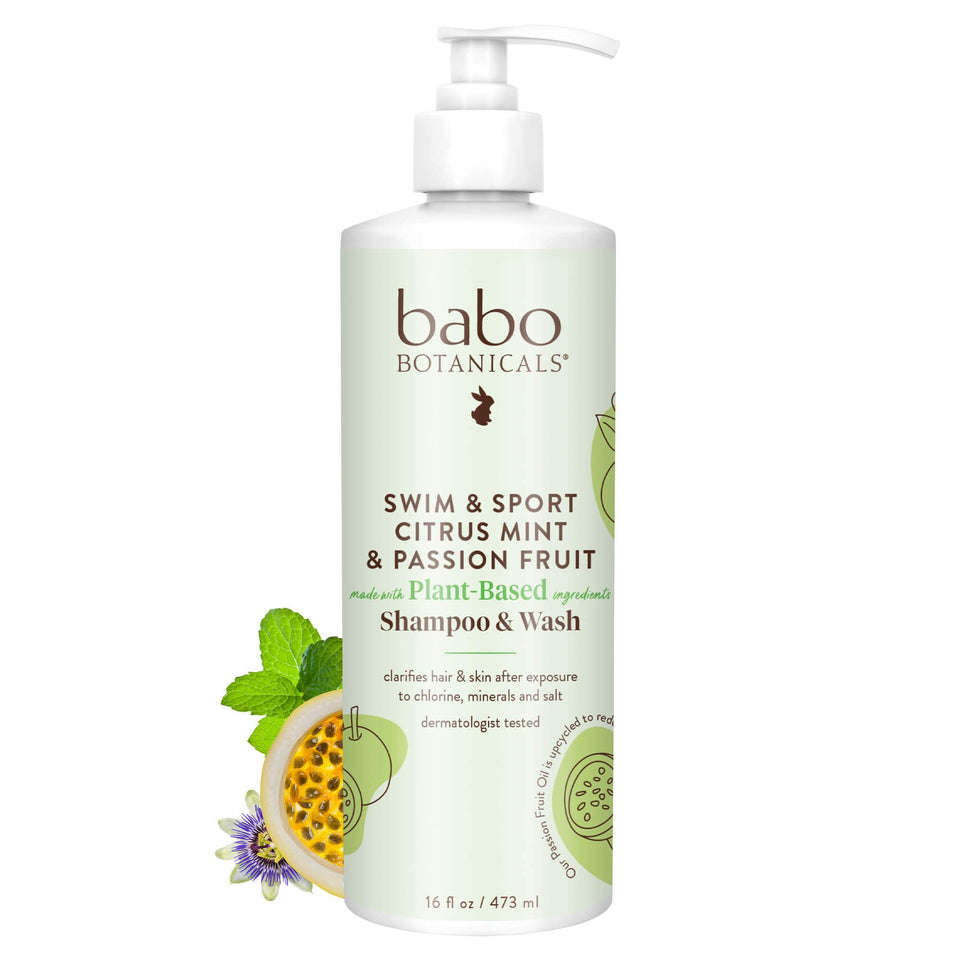 Babo Botanicals front bottle showing Citrus Mint & Passion Fruit scent and benefits
