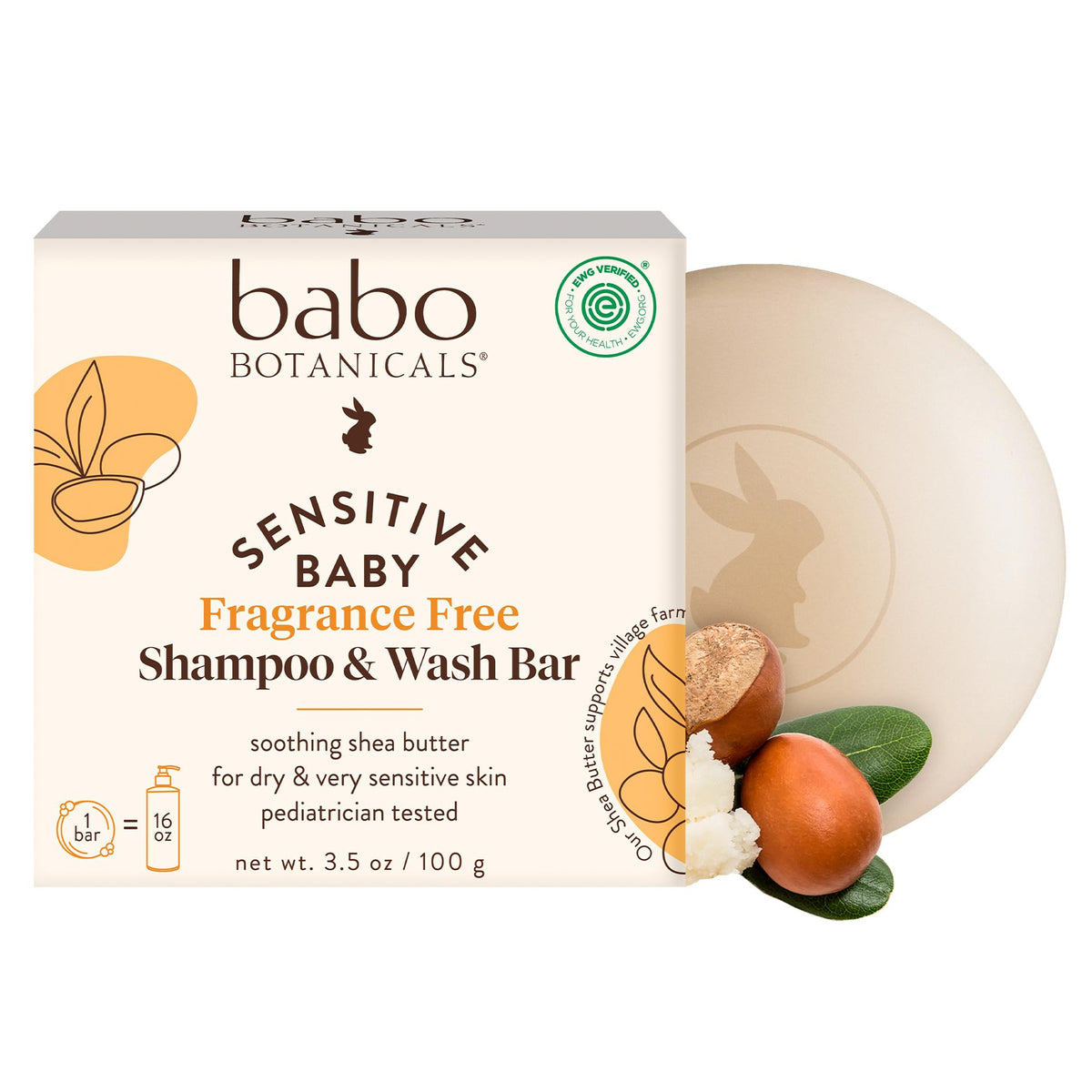 Babo Botanicals front packaging showing fragrance-free bar and benefits