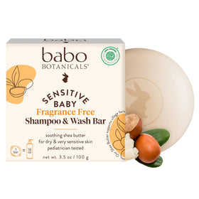 Babo Botanicals front packaging showing fragrance-free bar and benefits