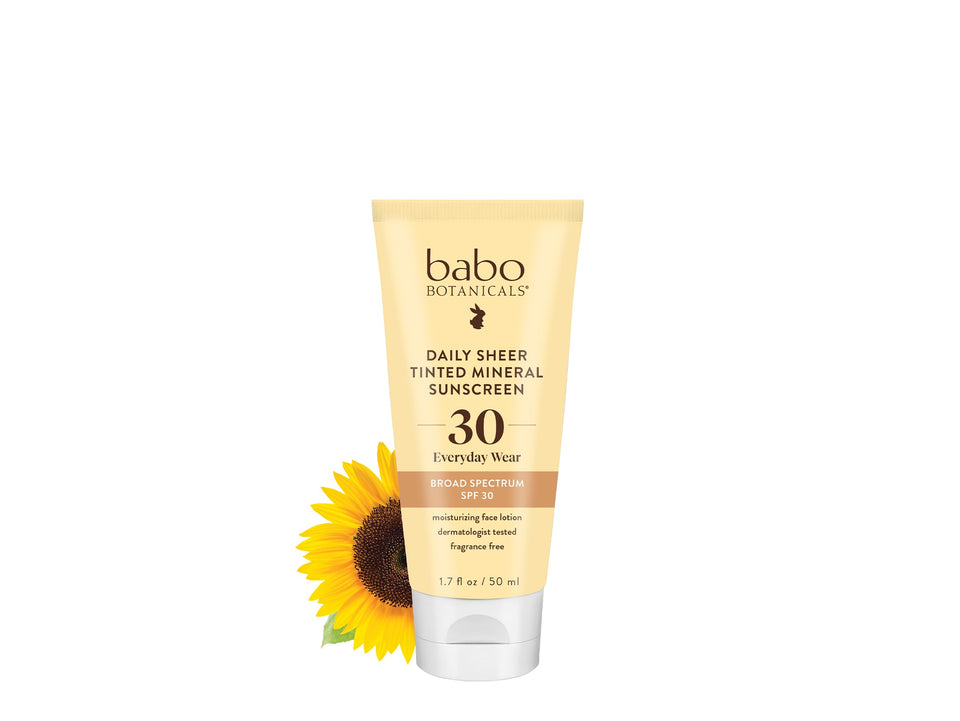 Babo Botanicals front packaging tube showing SPF30 and tinted sunscreen benefit