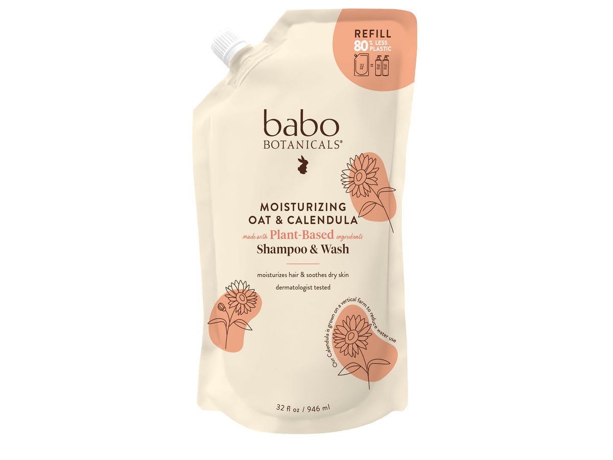 BABO Botanicals refill pouch front view showing label and size, eco-friendly benefit
