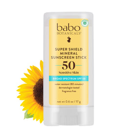 Babo Botanicals stick front view showing compact sunscreen and SPF50 benefit