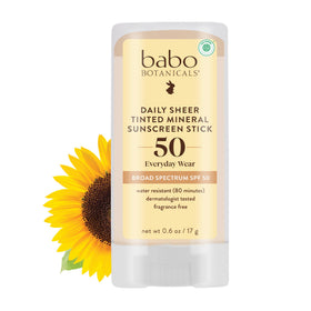 Babo Botanicals stick front packaging showing SPF50 and tinted finish benefit