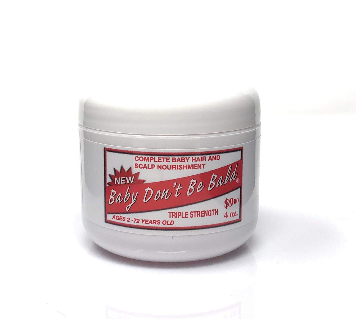 Baby Don't Bald front bottle displaying label and 4 oz size for safe nourishment