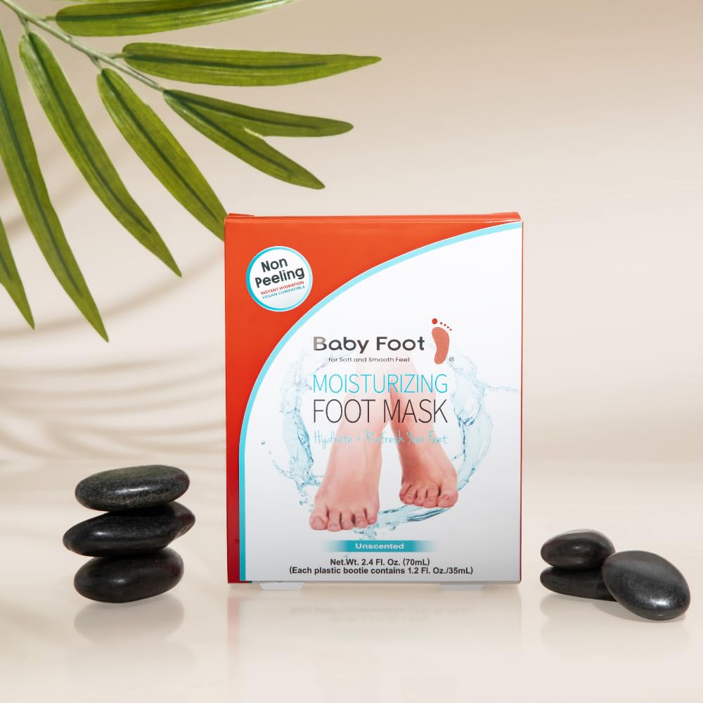 Baby Foot booties worn on feet demonstrating quick 15-minute treatment