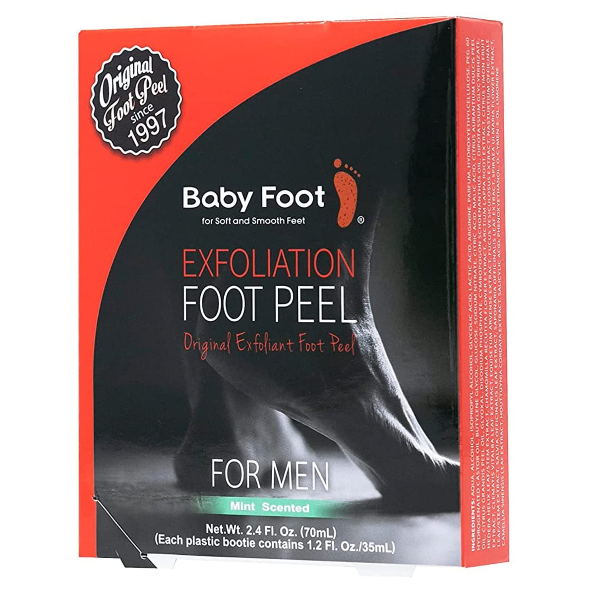 Baby Foot front packaging showing mint scent and men’s size fit benefits